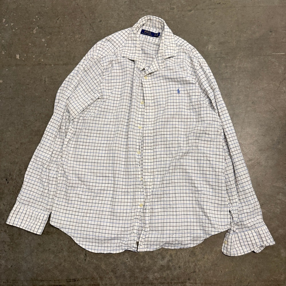 Polo Ralph Lauren Mens XL Windowpane Check Button Down Shirt White Blue Brown